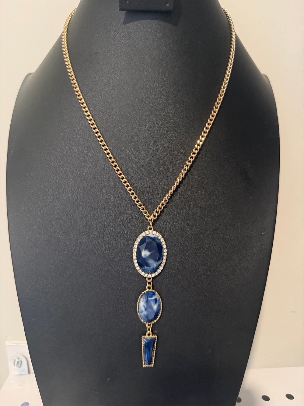 Blue Marbled Crystal Rhinestone Y Drop Pendant Necklace Gold Tone 21”